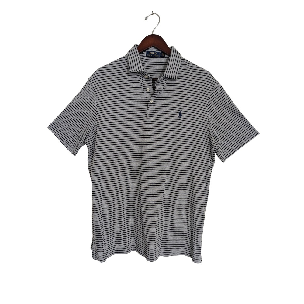 Polo Ralph Lauren Mens Large Grey Navy Blue Striped Cotton Short Sleeve Polo